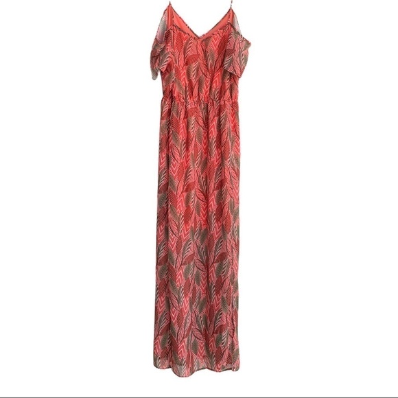 Charming Charlie Cold Shoulder Coral and Brown Retro Leaves Maxi Dress - Picture 5 of 15